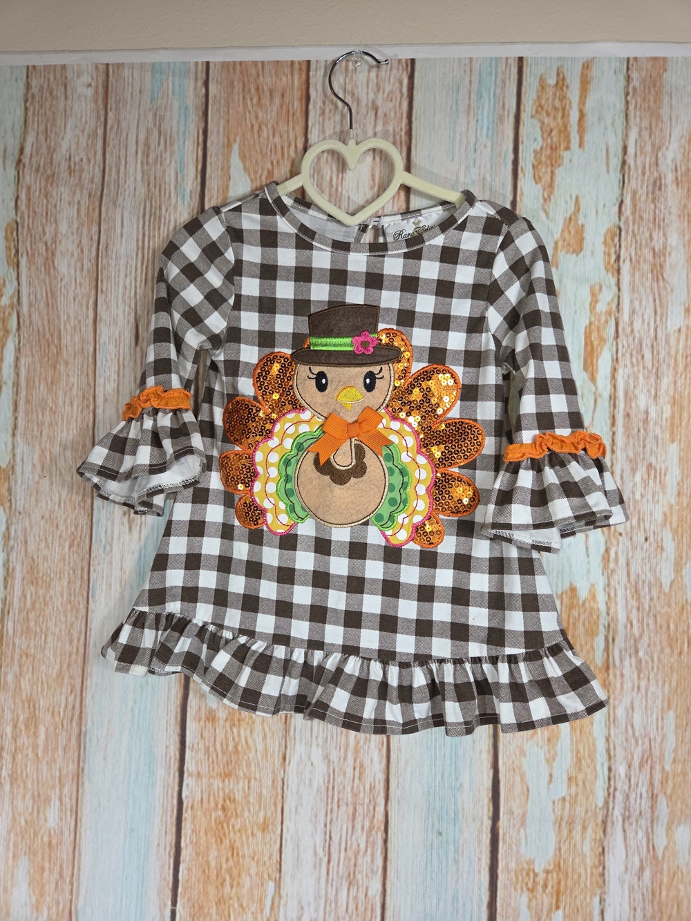 Rare Editions Brown and Cream Plaid Dress Top With Embroidered Turkey. Size 4t